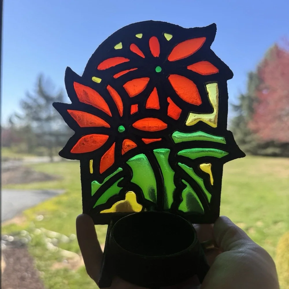 Vintage Tiffany Style Poinsettia Stained Glass Cast Iron Candle Votive Holder